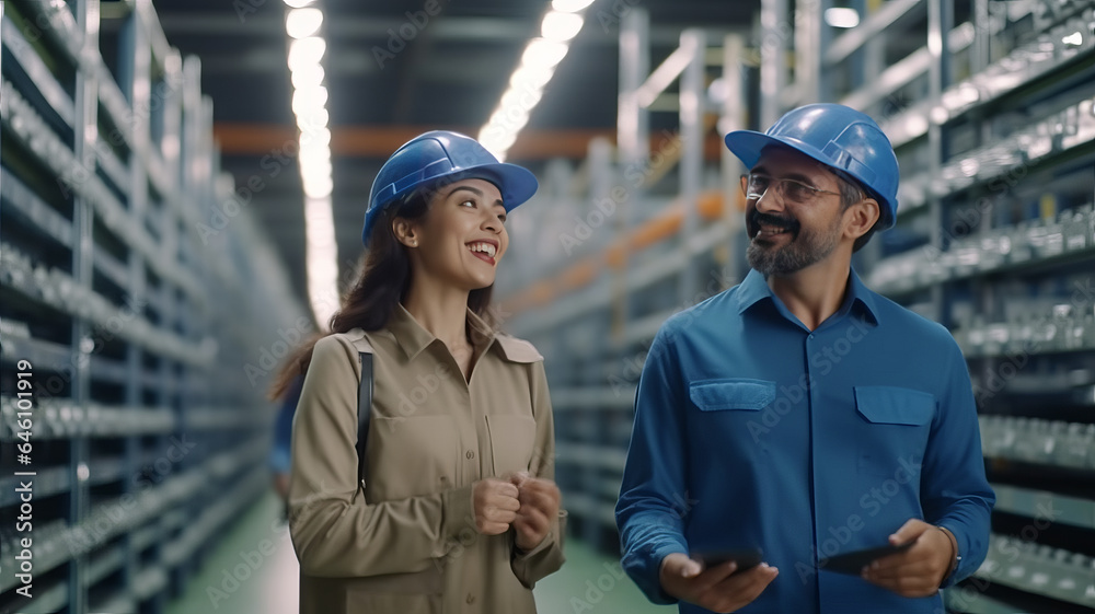 Two professional engineer man and woman manager leader wearing helmet and walking in factory. Two professional engineer man and woman manager leader wearing helmet and walking in factory.
