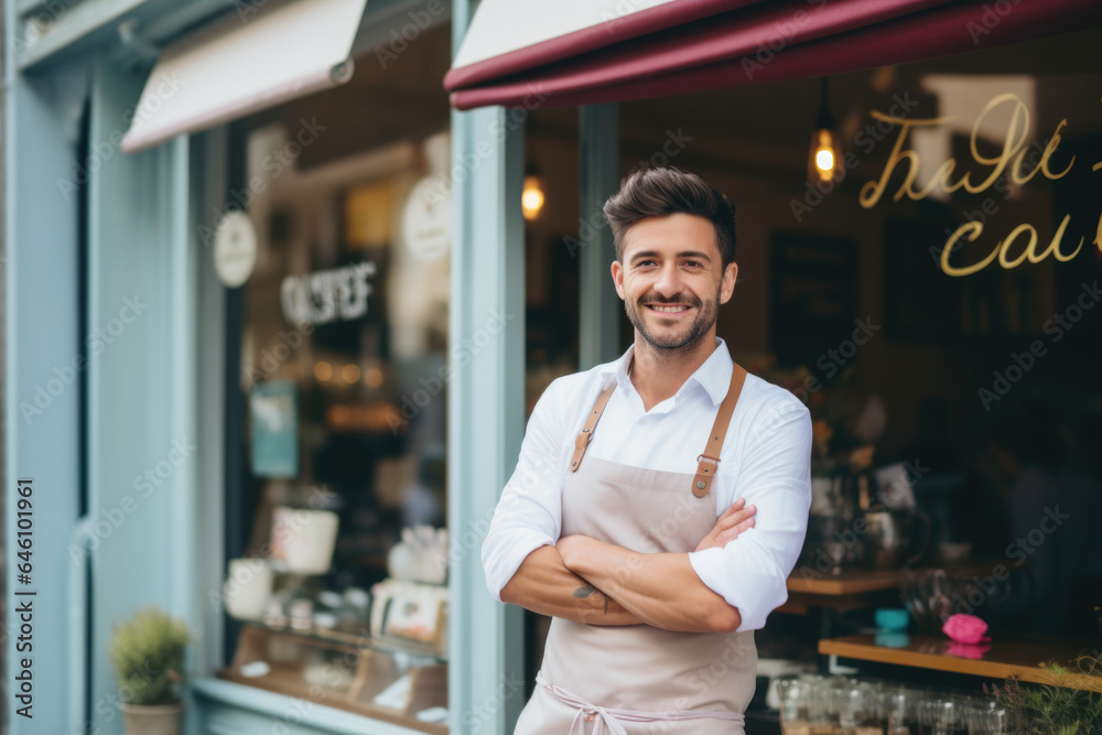 Fototapeta premium Proud coffee shop owner standing in front of his cozy café, confident entrepreneur, small business owner