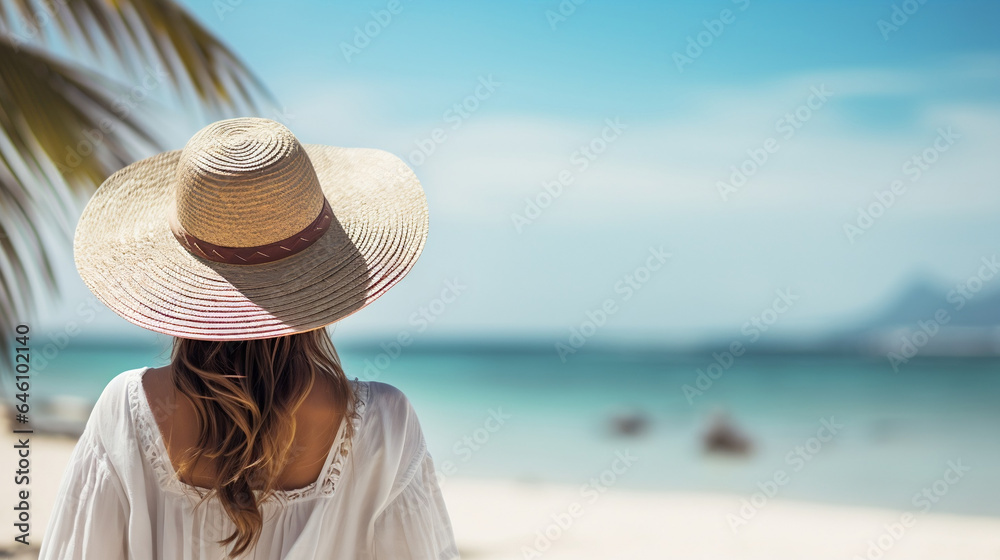 Young woman on summer beach vacation in stylish boho dress and hat watching to blue sea, Beautiful woman in straw hat and white dress walking on beach near ocean, copy space