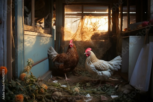 Scene of a chicken coop with hens laying eggs. Generative AI photo