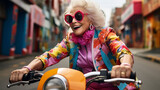 Happy old white woman on her 60 in the colourful clothes and pink sunglasses driving yellow scooter on the street, retired granny enjoying summer vacation, trendy bike road trip, Women day, Mother day