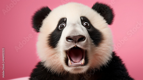Shocked surprised panda with big eyes on isolated bright pink background, funny animal expression, cute and surprised face, copy space 