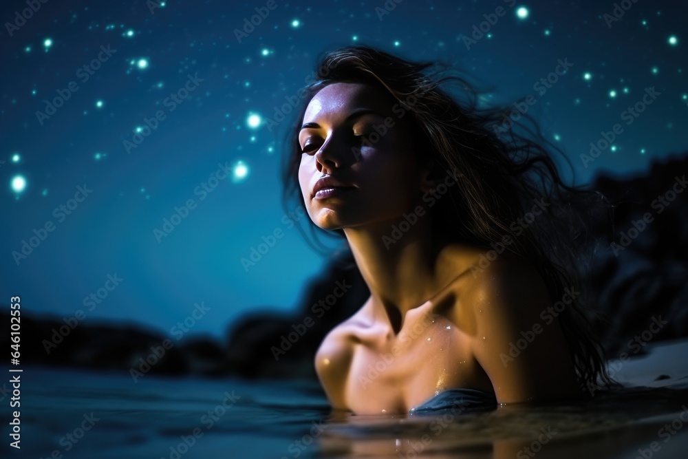 Girl in sea water in the night