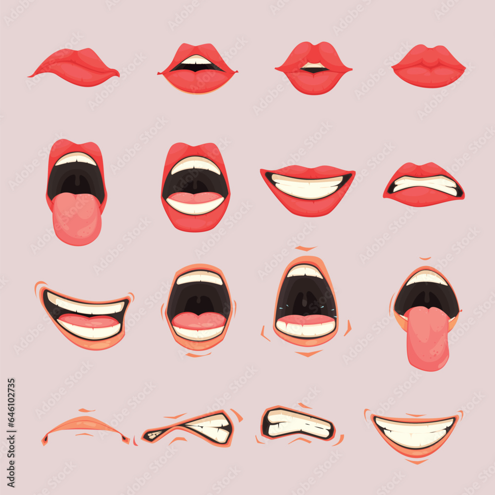 Mouth sync. Talking mouths lips for cartoon character animation signs. Vector set Mouth sync. Talking mouths lips for cartoon character animation signs. Vector set