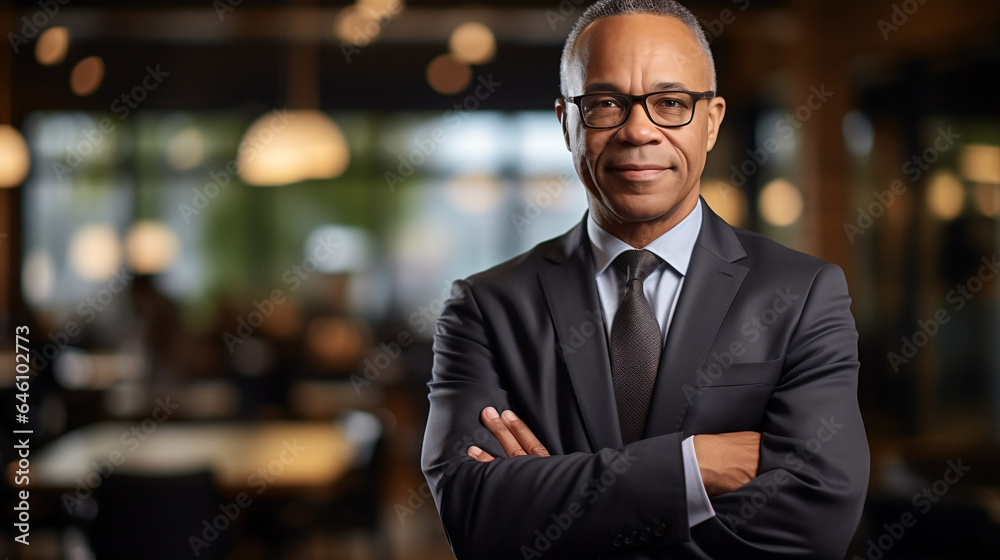 Portrait of a businessman african american man in black suit crossing his hands, Confident businessman with arms crossed, copy space Portrait of a businessman african american man in black suit crossing his hands, Confident businessman with arms crossed, copy space