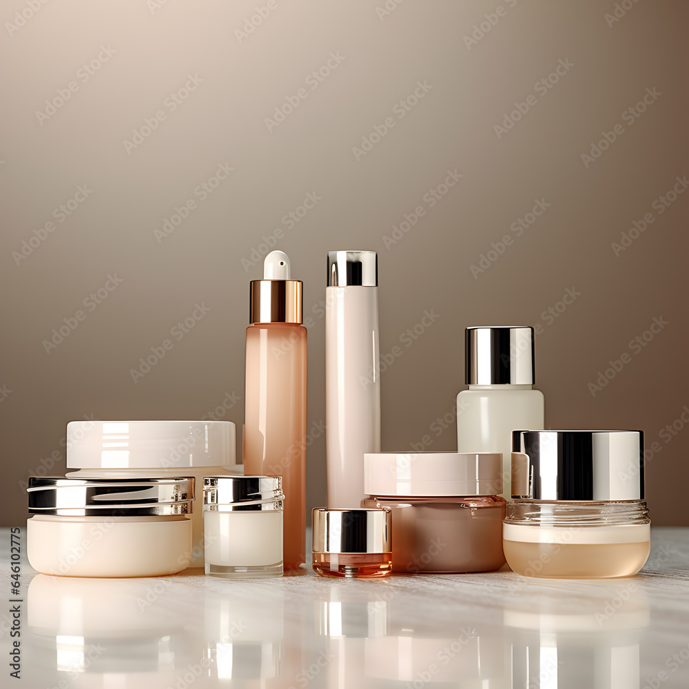 white cosmetic product container line with copy space, dark brown background white cosmetic product container line with copy space, dark brown background