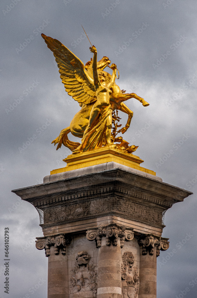 Bronze Warrior Woman and Winged Horse Statue, Alexandre III Bridge, Paris, France