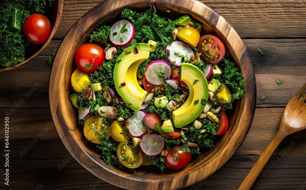 Colorful kale salad served in a wooden bowl, top view Colorful kale salad served in a wooden bowl, top view