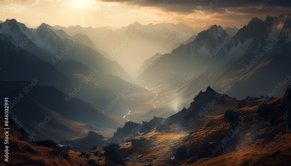 Majestic mountain range, tranquil scene, back lit by sunrise generated by AI