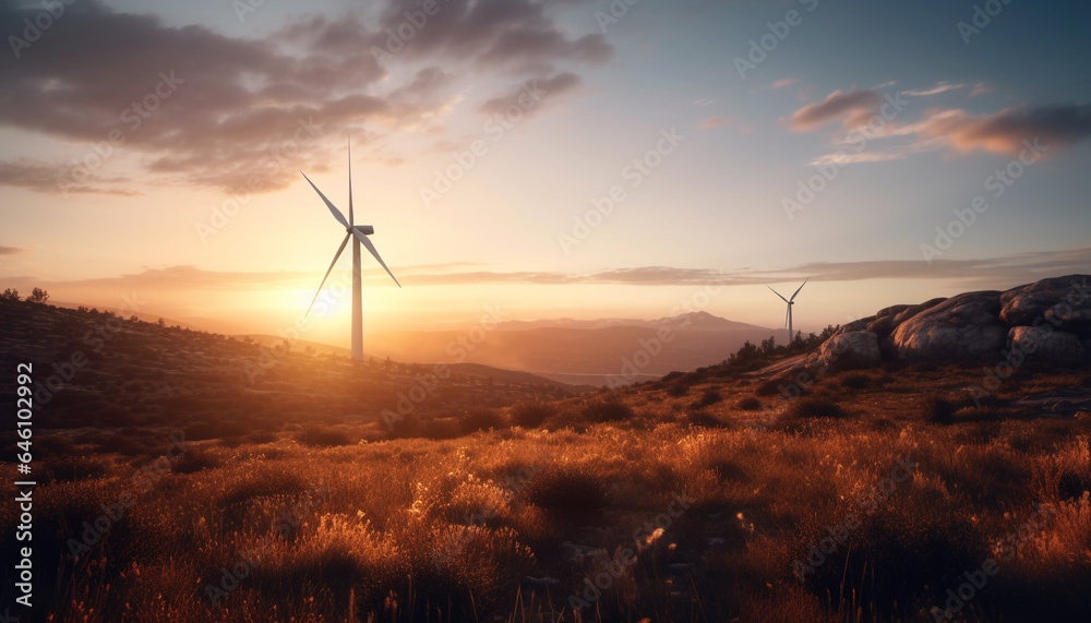 Obraz premium Wind turbine spins, generating sustainable power from nature beauty generated by AI