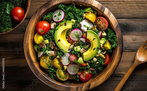 Colorful kale salad served in a wooden bowl, top view	
