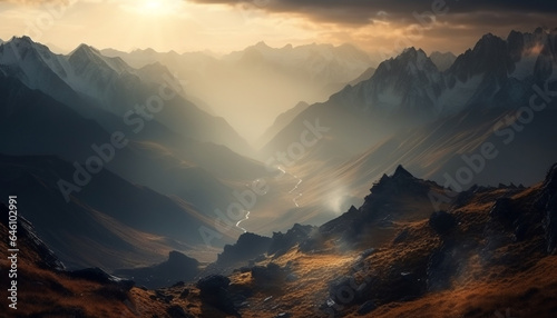 Majestic mountain range, tranquil scene, back lit by sunrise generated by AI © Stockgiu