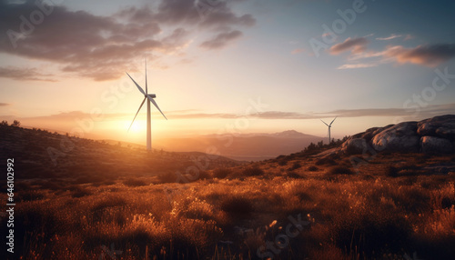 Wind turbine spins, generating sustainable power from nature beauty generated by AI