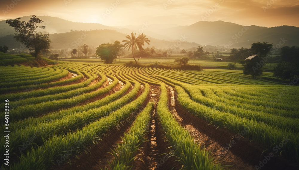 Organic rice growth in tranquil Bali landscape under sunset sky generated by AI