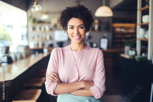 Proud female coffee shop owner standing in front of her cozy café, confident entrepreneur, small business owner	
