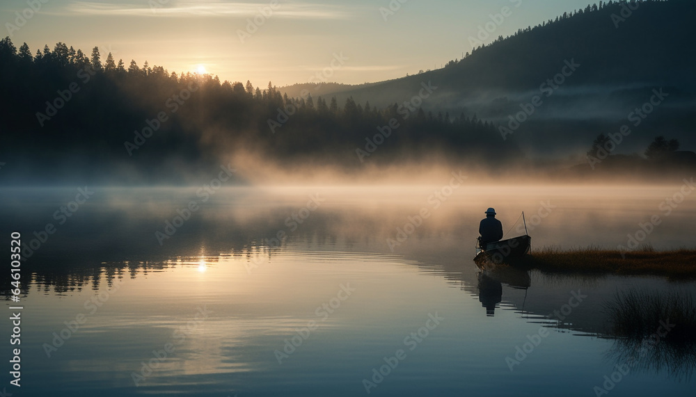 One person fishing in tranquil water, surrounded by nature generated by AI