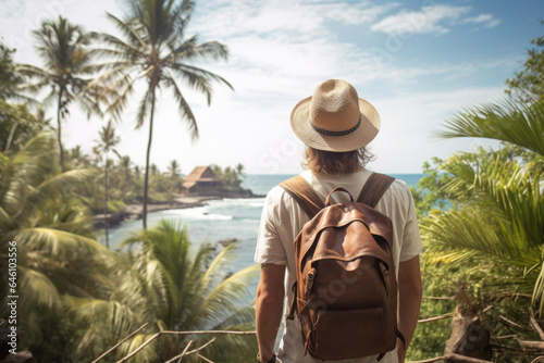 Tourist man with backpack at vacation in Bali	 photo