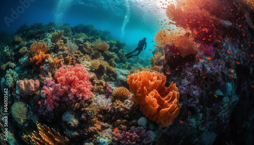 Exploring the vibrant underwater seascape, swimming with tropical saltwater fish generated by AI