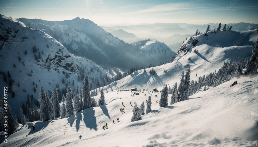 Winter mountain landscape skiing, snowboarding, panoramic beauty in nature generated by AI