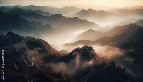 Majestic mountain range in tranquil scene, back lit by sunrise generated by AI