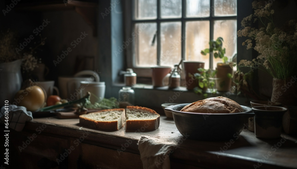 Fototapeta premium kitchen table with delicious bread illuminated by a window generated by AI