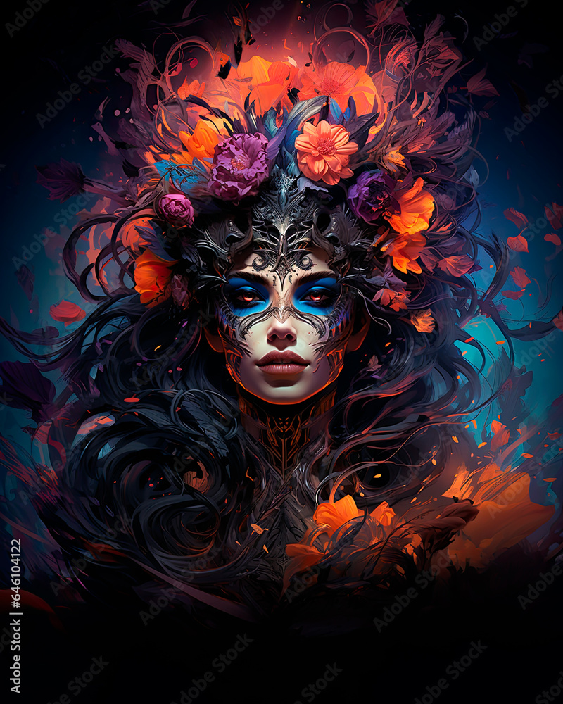 Woman in Carnival Mask. Colorful Illustration of Woman in Fantasy Costume. Woman wearing a Colorful Mask and Floral Decoration. Digital Illustration. Generative AI. 