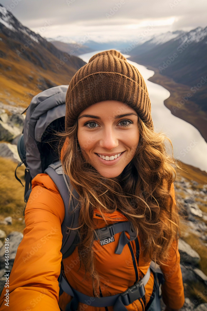 Winter Wonderland Pose: Adventurous Selfie on the Mountain, Generative AI
