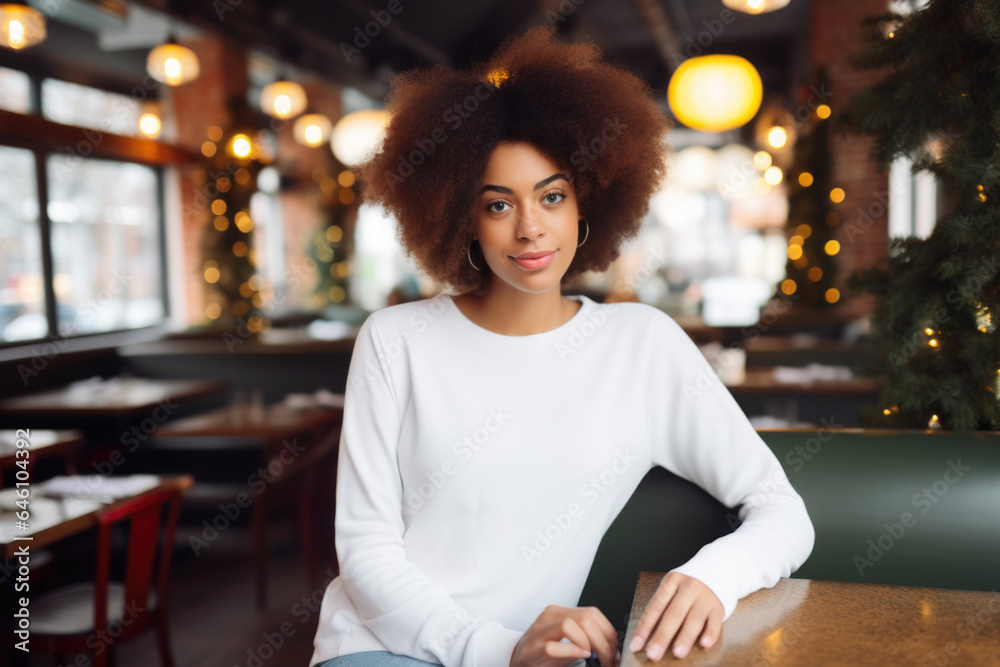 Beautiful black woman wearing white sweater and jeans, at cafe. Design sweater template, print presentation mockup