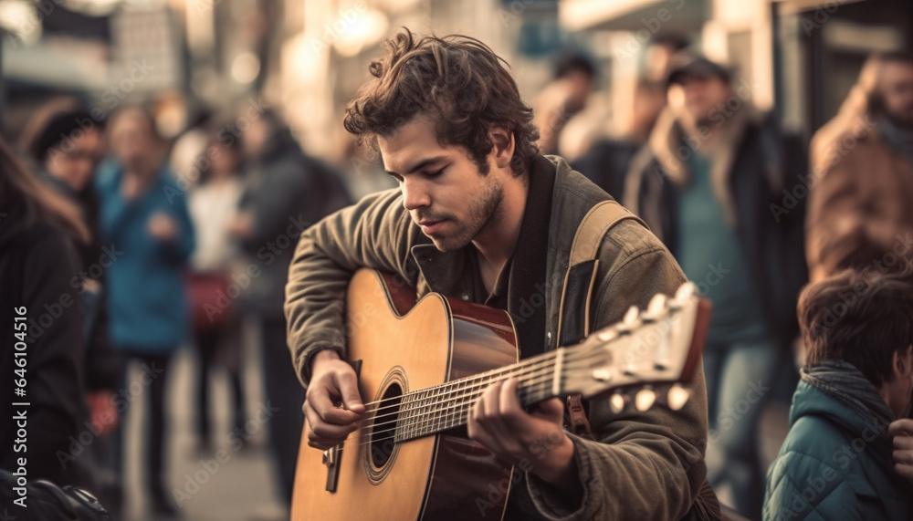 Young adults playing acoustic guitars outdoors, enjoying musical togetherness generated by AI