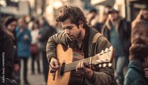 Young adults playing acoustic guitars outdoors, enjoying musical togetherness generated by AI