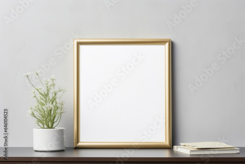 Blank white wall art mockup. One vertical frame with wooden border