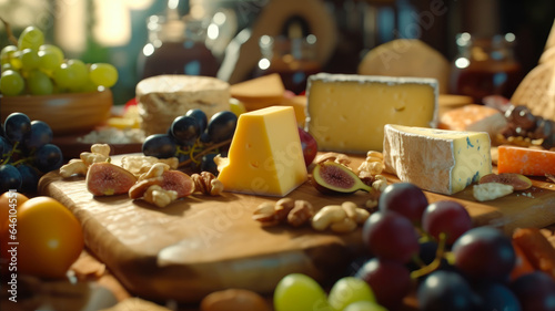 Decadent Delights: Close-Up of Artisanal Cheese Platter with Fruits and Nuts, AI Generated 8K Image for Cheese Connoisseurs