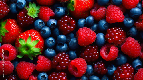 Vibrant Berry Medley: Close-Up of Strawberries, Blueberries, and Raspberries, AI-Generated 8K Image Capturing Natural Sweetness