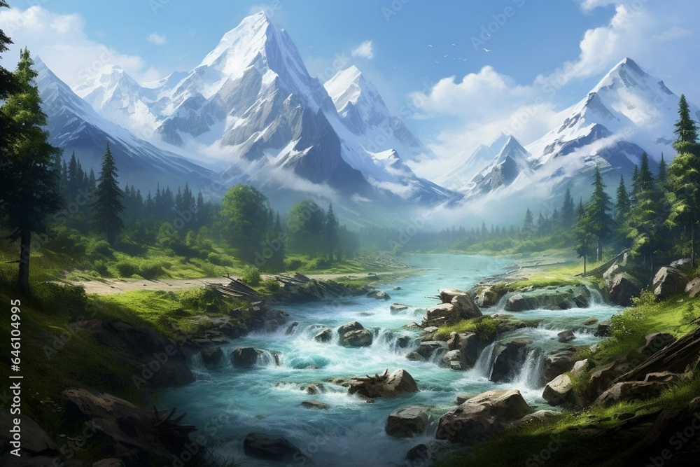 Pristine heaven-like scenery: mountains, river. Generative AI