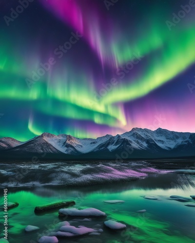 Northern Lights as a result of solar activity over a mountain landscape and river