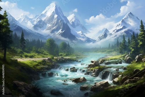 Pristine heaven-like scenery: mountains, river. Generative AI © Lea