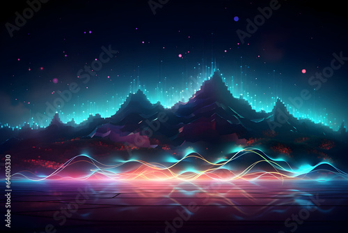 Abstract Futuristic Background with Vibrant Neon Waves, Data Mountains, and Bokeh Lights. A Captivating Representation of Data Transfer and a Mesmerizing Wallpaper
