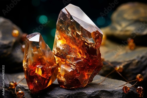 Alluring amber crystal on natural boulder, perfect for fashion-forward appearance. Exquisite jewelry against seamless backdrop. Generative AI