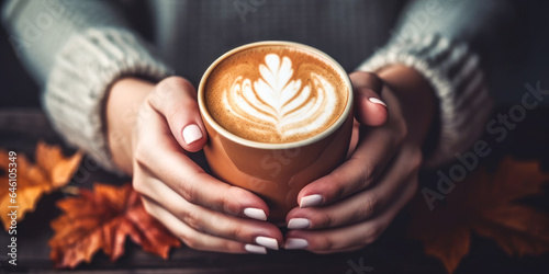 Pumpkin spice latte in woman hands.