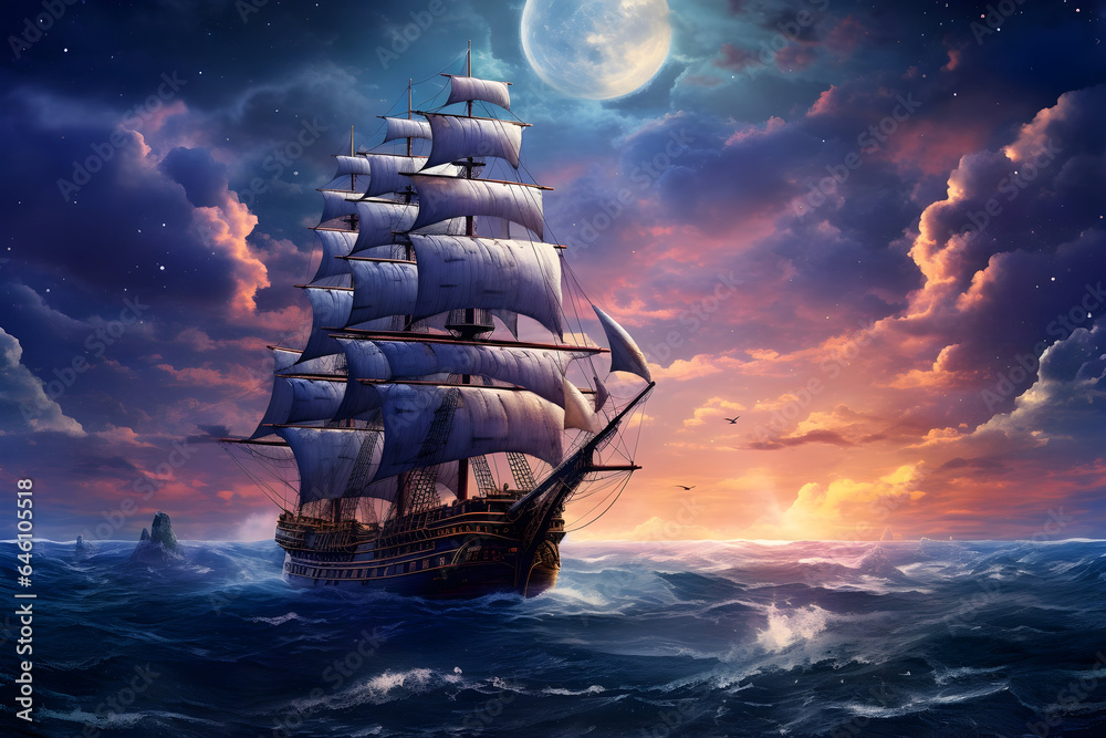 Sailing Through the Night A Tall Ship Gracefully Plies Moonlit Seas ...