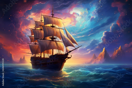 Sailing Through the Night A Tall Ship Gracefully Plies Moonlit Seas Under a Starry Sky with Detailed Clouds, Creating a Stunning and Colorful Scene