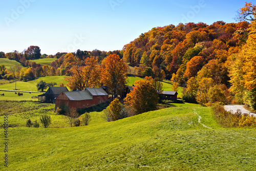 Autumn countryside with rustic red wooden barns and colorful fall leaves near Woodstock, Vermont, USA