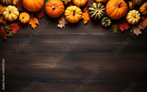 Ripe pumpkins on wooden table top view, happy halloween