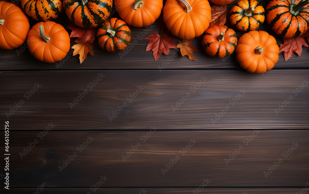 Pumpkins and autumn leaves on a wooden table with copy space