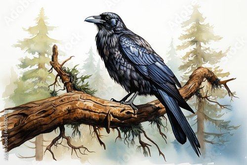 Raven standing on branch drawn with watercolor photo