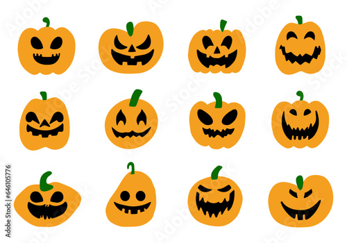 Scary Halloween pumpkin faces icons set on background. Vector graphic.