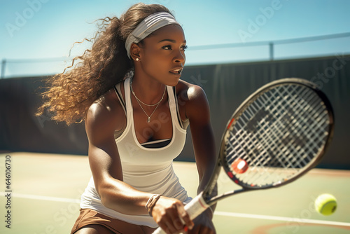 African American Female tennis player playing tennis on sunny outdoor tennis court close-up © colnihko