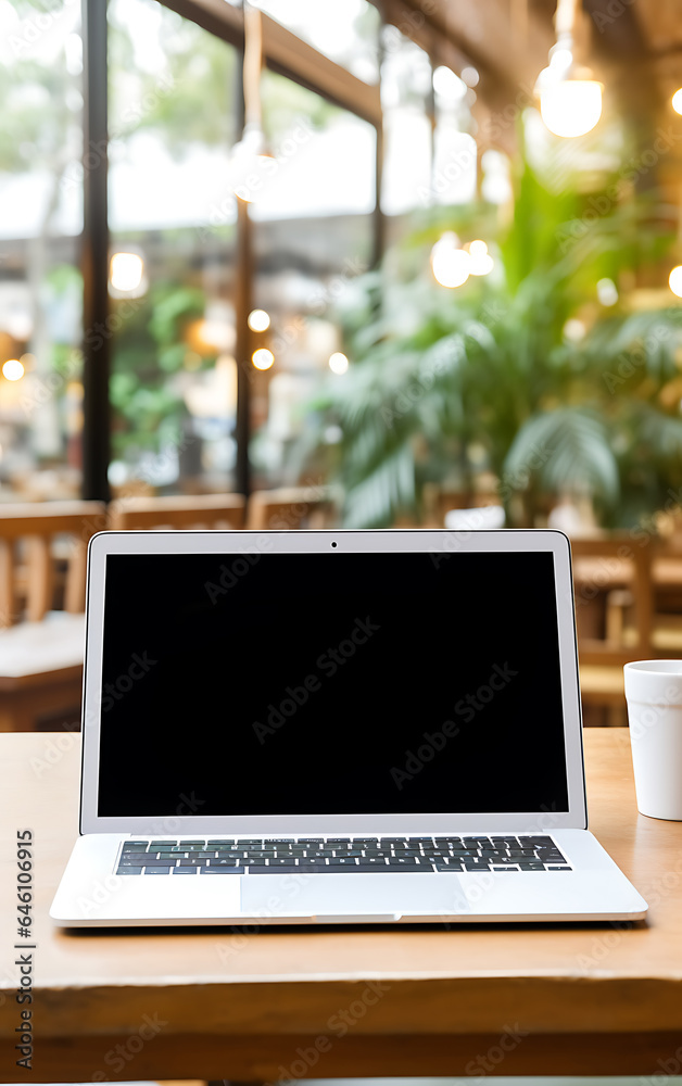 Laptop blank screen on table in cozy coworking space, remote work or freelancing concept Laptop blank screen on table in cozy coworking space, remote work or freelancing concept