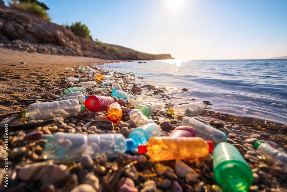 Garbage from dirty plastic bottles on ocean shore. Environmental pollution. Ecological problem