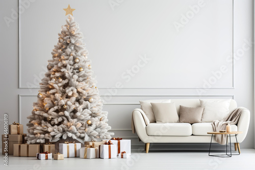 Christmas Home Interior with festive Christmas tree and gift boxes. Modern minimal living room in white colors